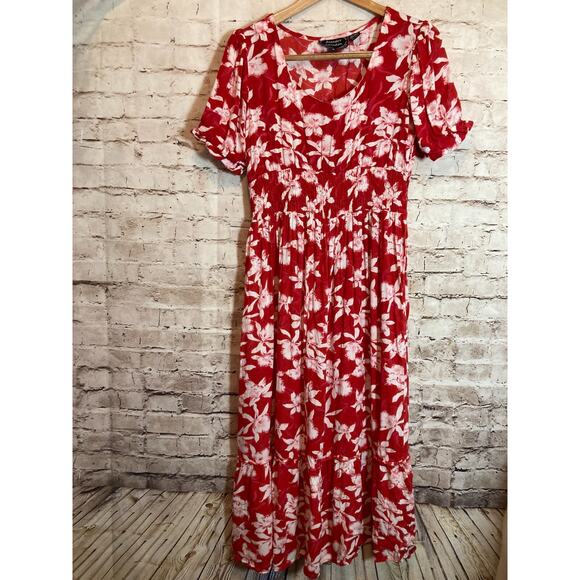 Amanda's Collection Babydoll Dress Womens Medium Red Tropical Floral Cottage - Picture 1 of 13